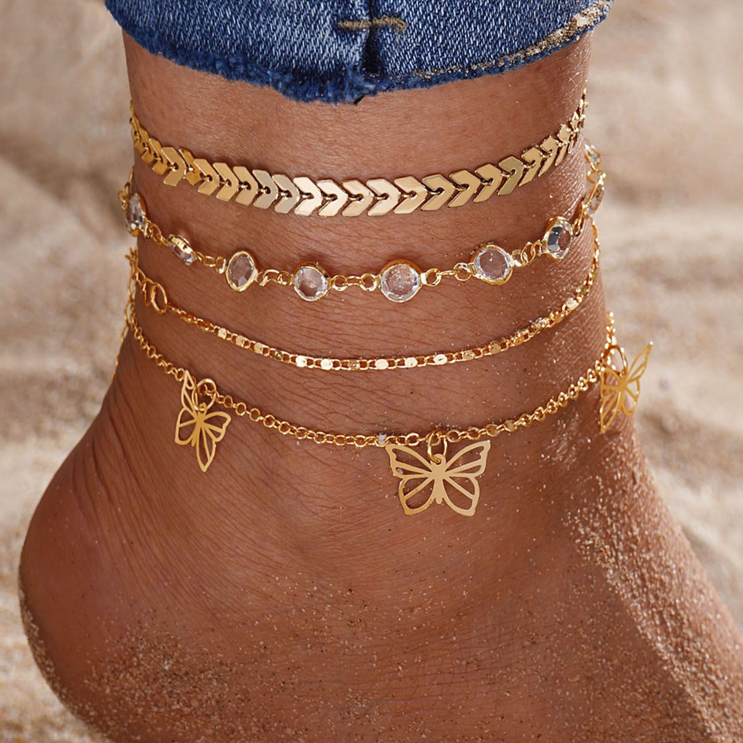 5PCS Beach Metal Pineapple Pearl Anklet Set Vintage Multi-Layer Pendant Girls High-End Foot Jewelry