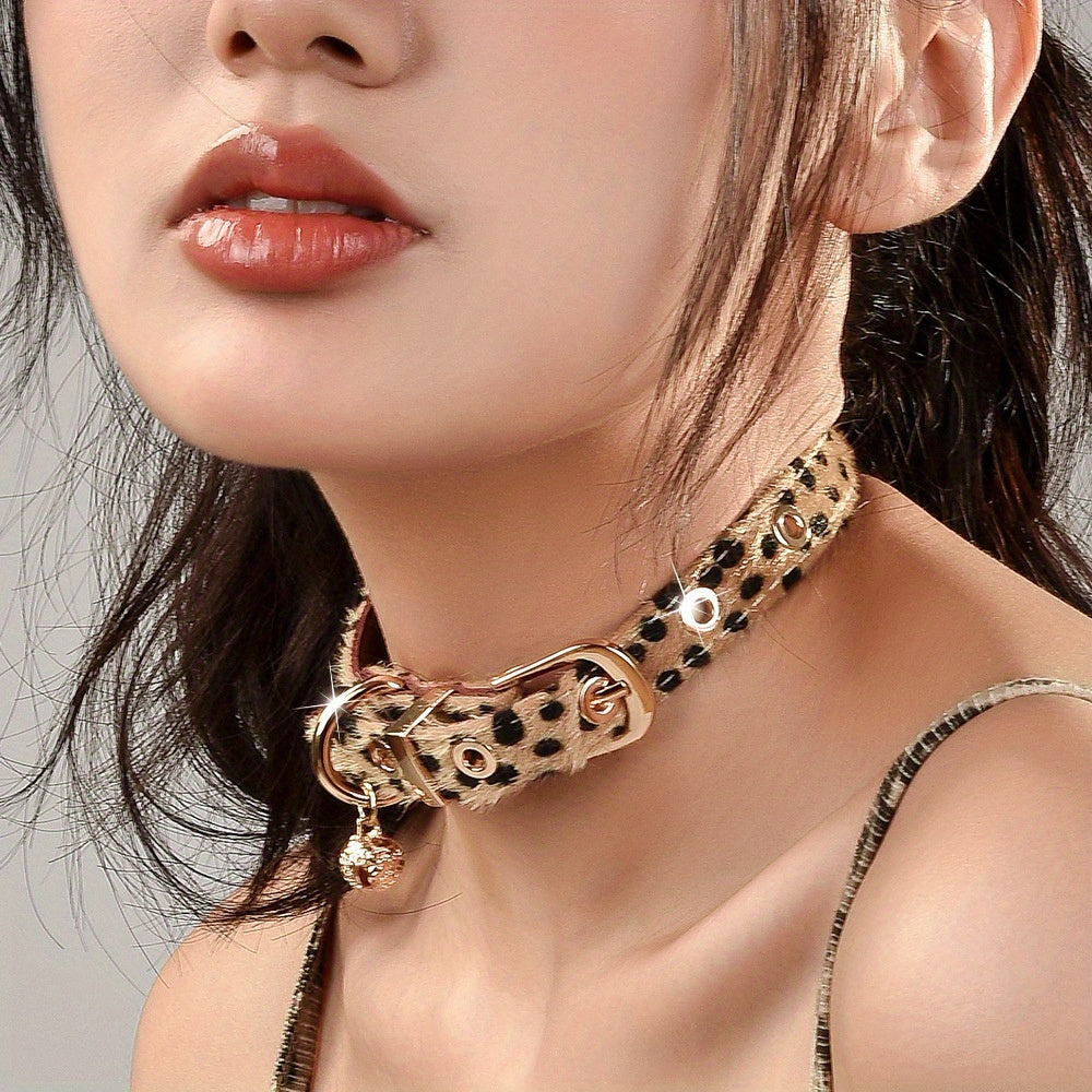 Leopard Print Choker Necklace for Women Unique Design Sweet Cool Y2K Style Copper Bell Clavicle Collar