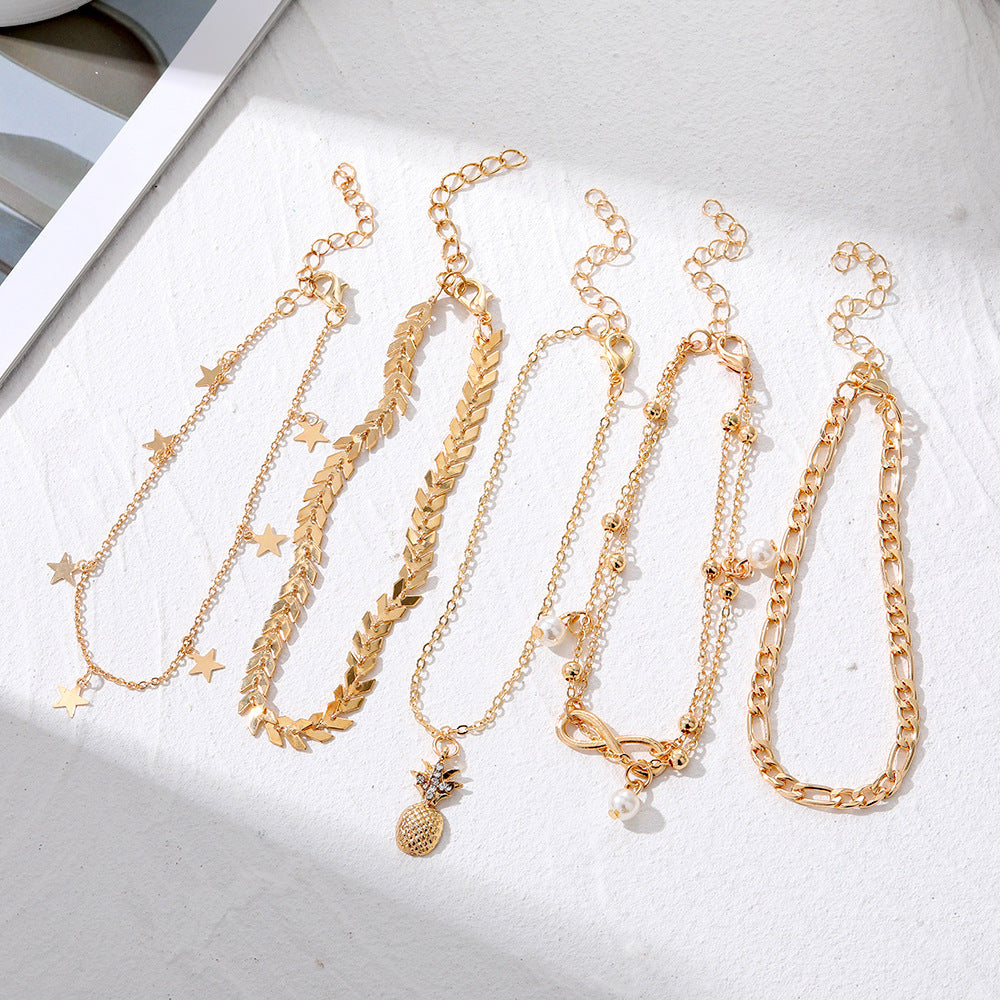 5PCS Beach Metal Pineapple Pearl Anklet Set Vintage Multi-Layer Pendant Girls High-End Foot Jewelry