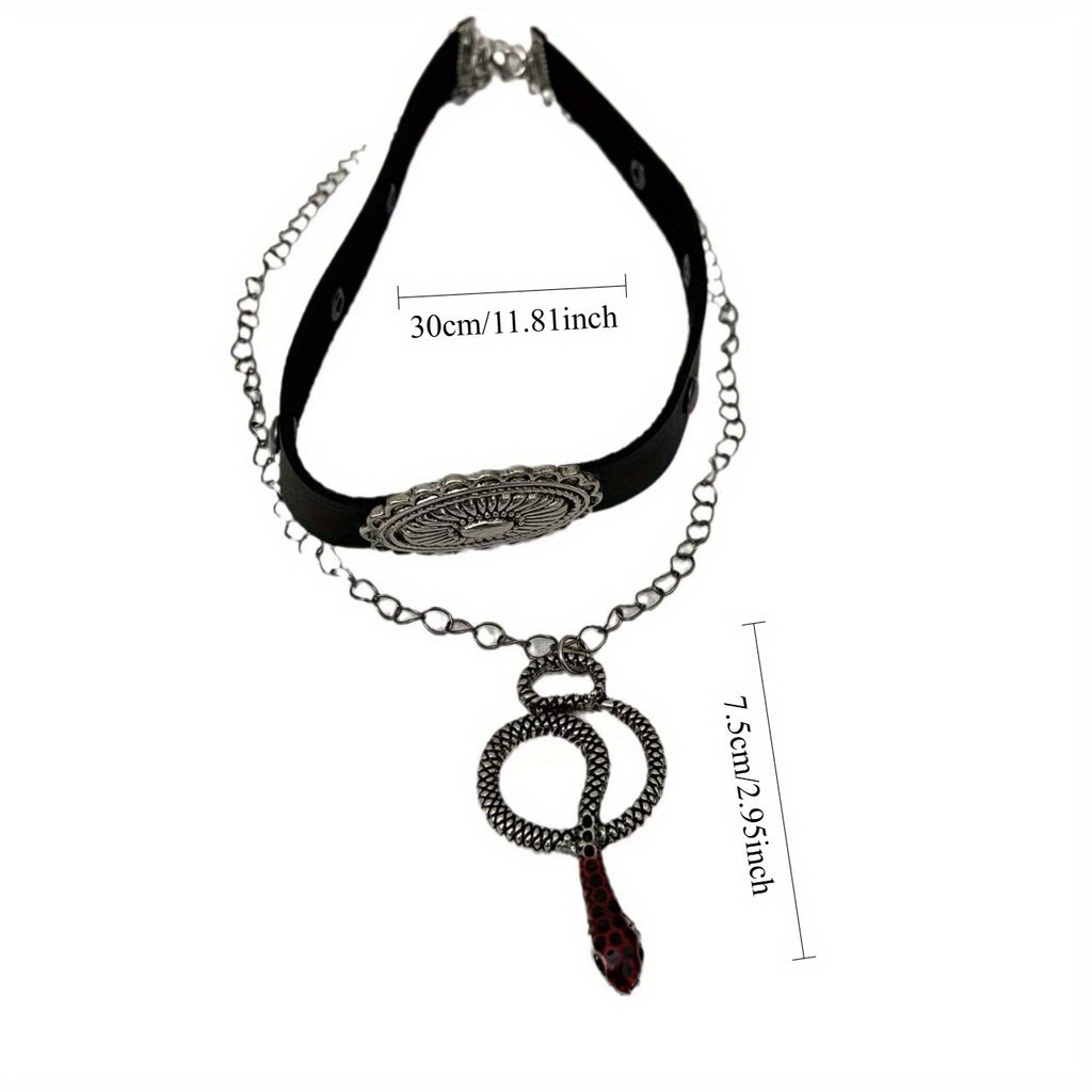 2PCS Punk Style Double-Layer Snake Leather Choker Necklace - Trendy and Edgy Unisex Snake Year Collar Chain for Women, Perfect for Sweet and Cool Look - Stylish Layered Necklace for Fashion Lovers.