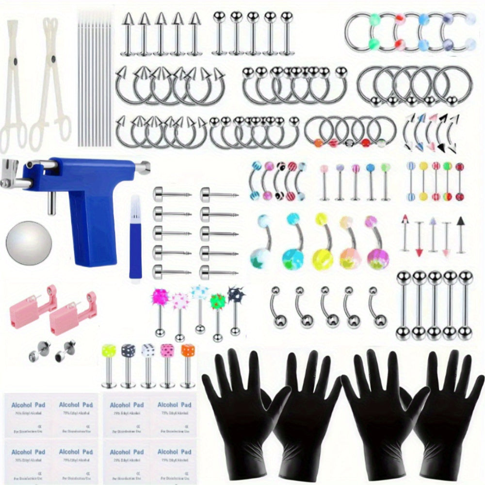 160PCS colorful body piercing super set, ear piercing gun set, a pair of pink piercers, including 10 pairs of earrings, 14G and 16G steel needles, barbell capture rings, dice tongue studs, circular capture rings (CBR), labret lip rings, cartilage