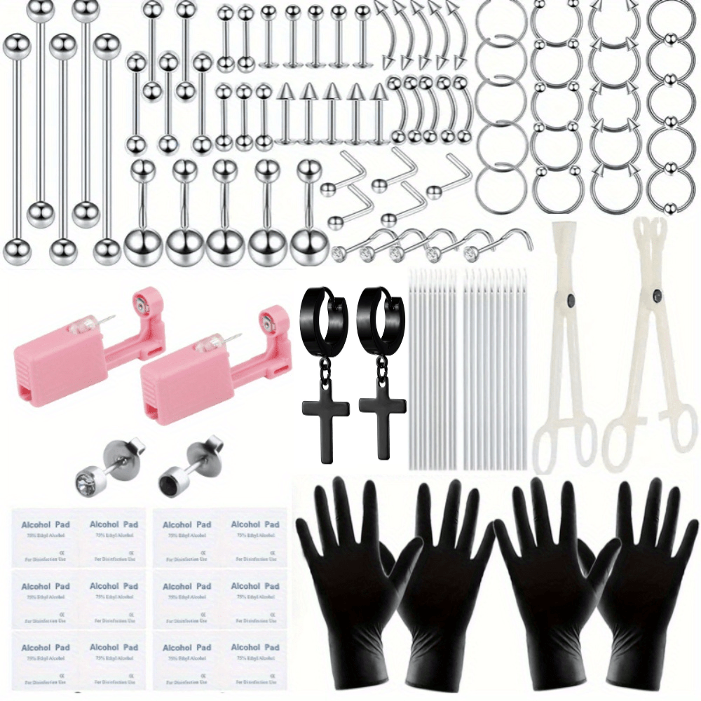122PCS Body Piercing Kit with 14G & 16G Surgical Steel Needles, Including Barbell Captured Rings, Circular Captured Rings, Labret Studs, Lip Rings, Ear Cartilage Studs, Tragus Studs, Septum Rings, Nose Rings, Navel Rings, Two Pairs of Pliers and a Pa